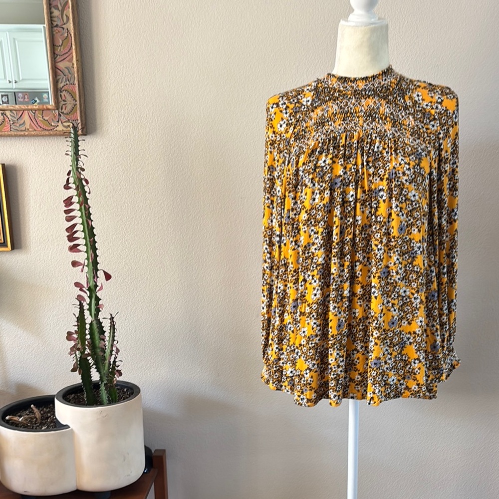 Free People Floral Mustard Blouse